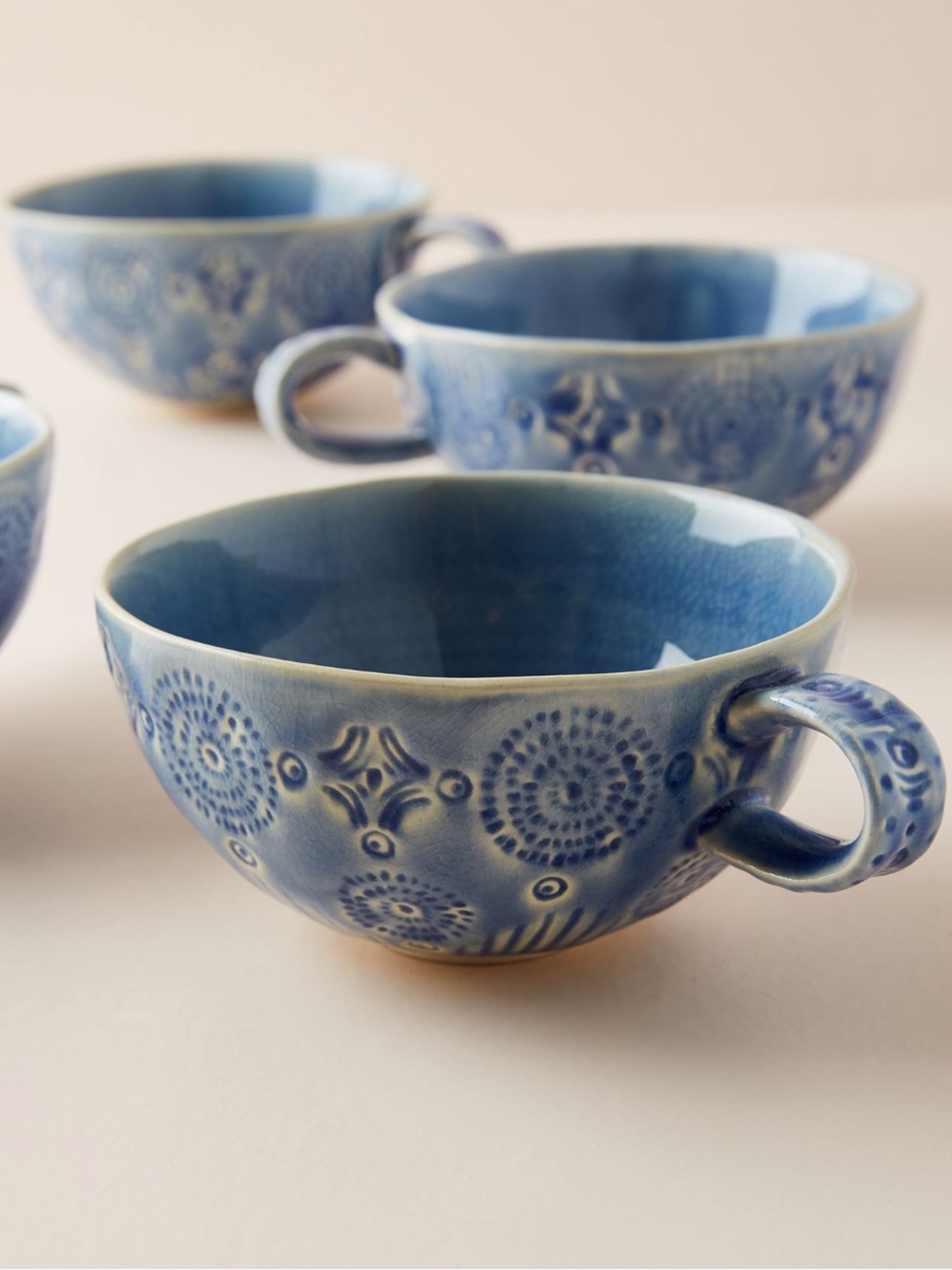 Anthropologie Havana Blue Ceramic Patterned Soup Mug s -Set of 2